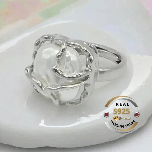 🆕️S925 Sterling Silver Adjustable Baroque Pearl Ring 💍Trendy Intricate Design - Picture 1 of 15
